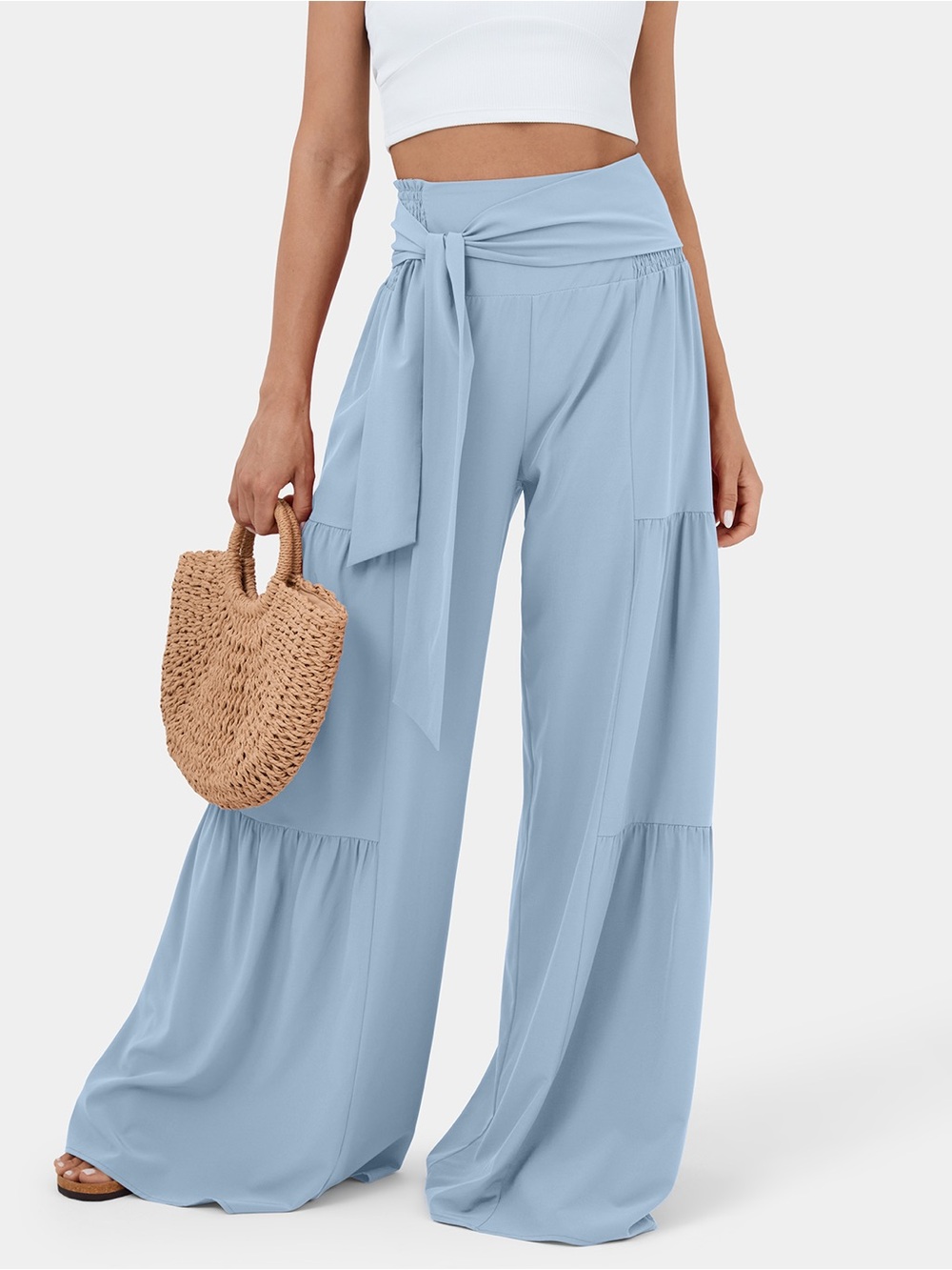 HALARA Soft Blue Wide-Leg Tie-Waist Palazzo Pants